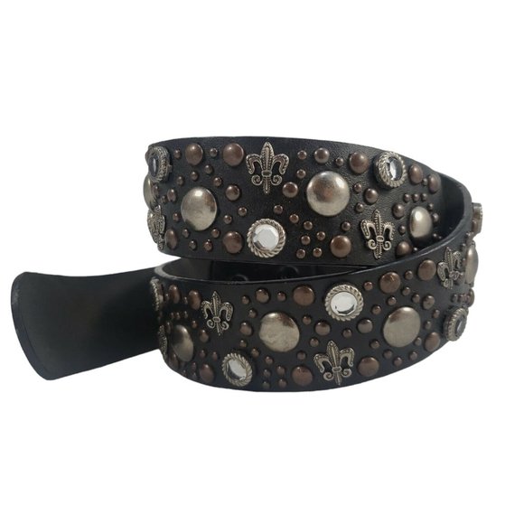 Fleur De Lis Belt Women's S Embellished Rhinestones Studded Glam Rock Chunky - Picture 2 of 7